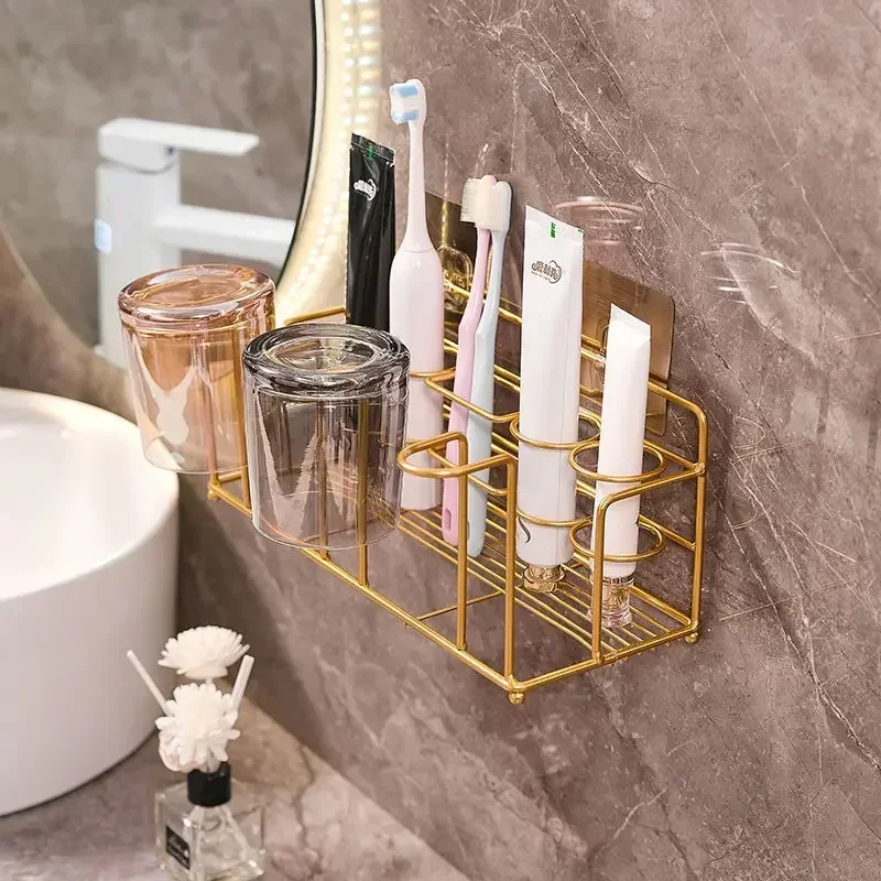 

Bathroom Organizer Wall Mounted Iron Storage Rack Shelf Toothbrush Holder Bathroom Accessories Electric Toothbrush Holder Gold