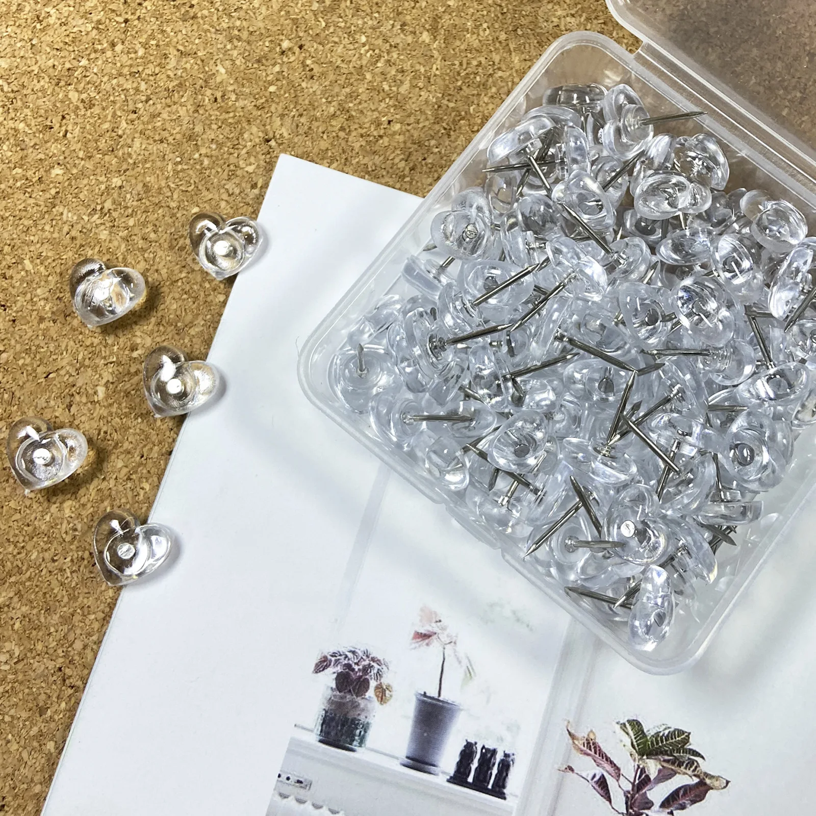 50/100PCS Transparent Love Heart Push Pins Peach Heart L-beam Nails Wall