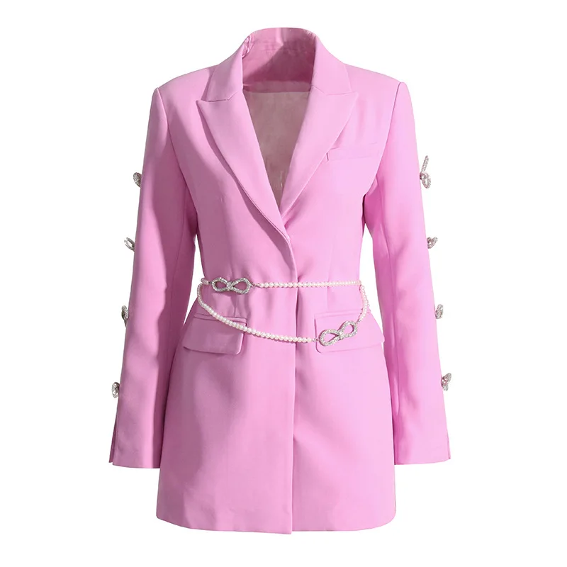 

Spring 2023 new design sense temperament openwork bow rhinestone sleeve pearl belt suit dress woman