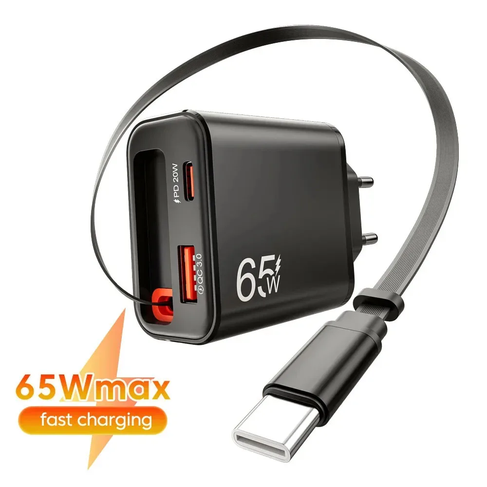 شاحن هاتف جديد بقوة 65 واط فائق السرعة من نوع C USB مع كابل USB C قابل للسحب لهواتف آيفون 17 و16 و15 وسامسونج وبوكو وشاومي