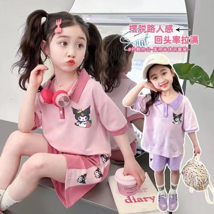 

Kawaii Sanrio Kuromi детская футболка Летняя Новинка детская спортивная и свободная рубашка поло с коротким рукавом шорты Комплект из двух предметов