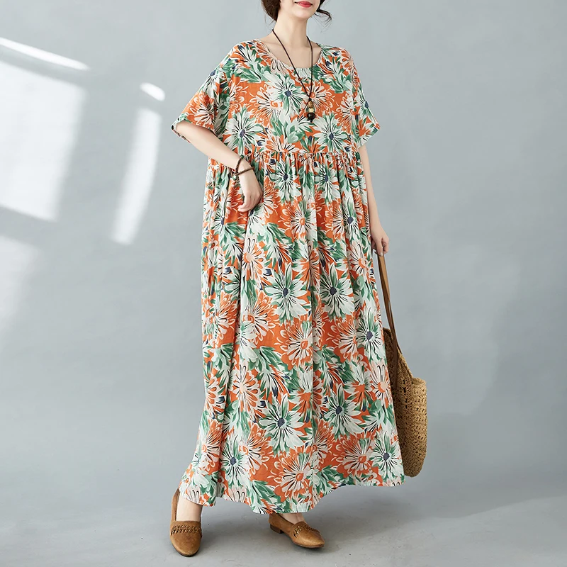 

NYFS 2024 Summer New Cotton Linen Print Womens Dresses Vestidos Robe Ete Femme Elbise Loose Short Sleeve Bohemia Long Dress