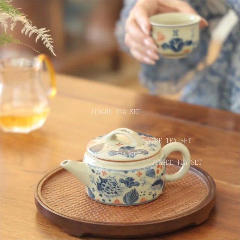 Antique Han Tile Teapot Blue and White Glazed Ceramic Household Tea Pot Chinese Lotus Pond Moonlight Teapot Underglaze Color