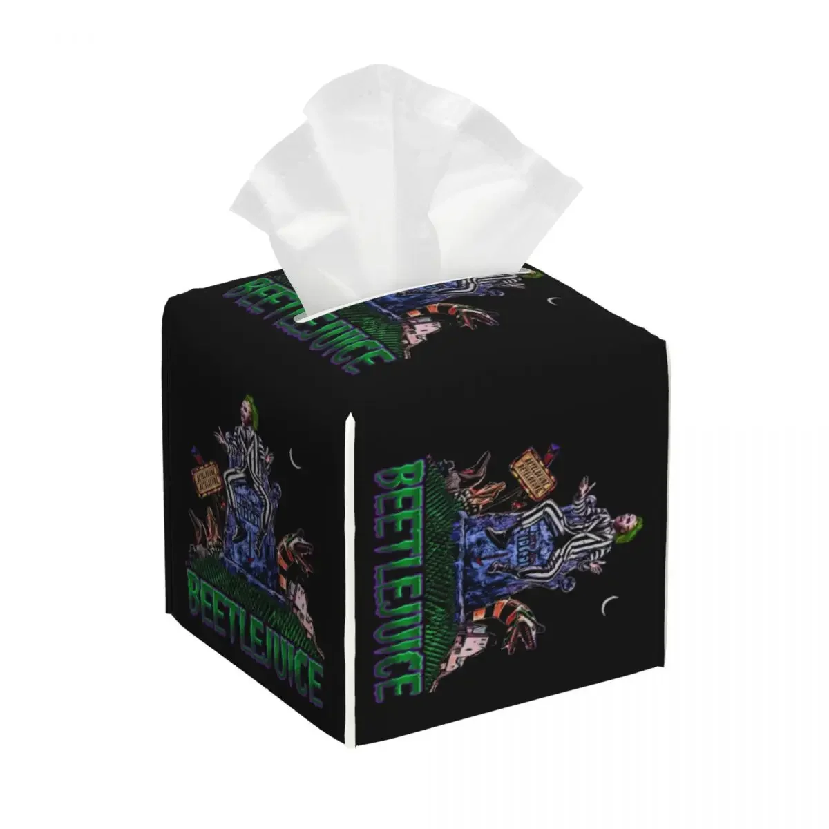 thumbnail image 1 of Funda para caja de pañuelos faciales de cuero sintético con diseño de Beetlejuices, cuadrada, estilo Tim Burton, para baño, 1 of 5