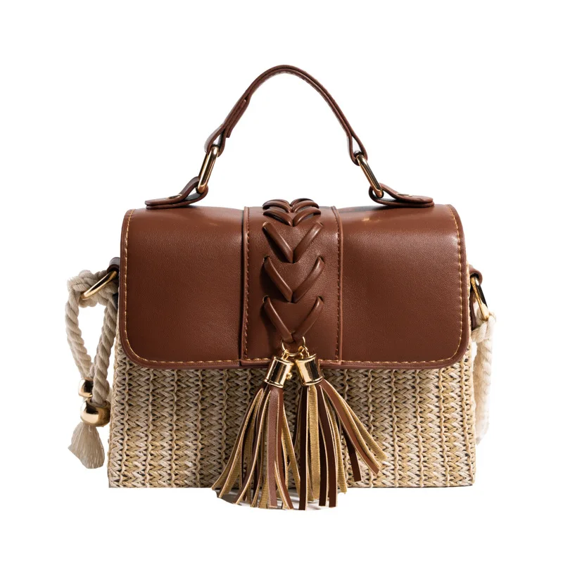 Summer Rattan Straw Square Box Handbag Trendy Fashion Tassel Straw Purse Handbag Beach bag For Ladies