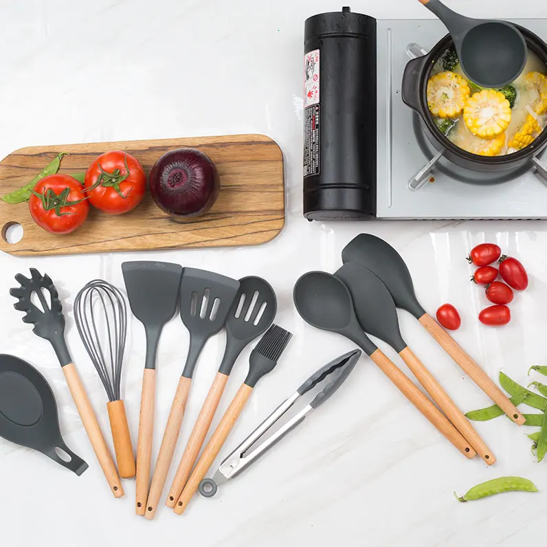 AJOYOUS Kitchenware Tool Cooking Utensils Set Black Non-Stick Cookware Silicone Spatula Ladle Egg Beaters Shovel Accessories