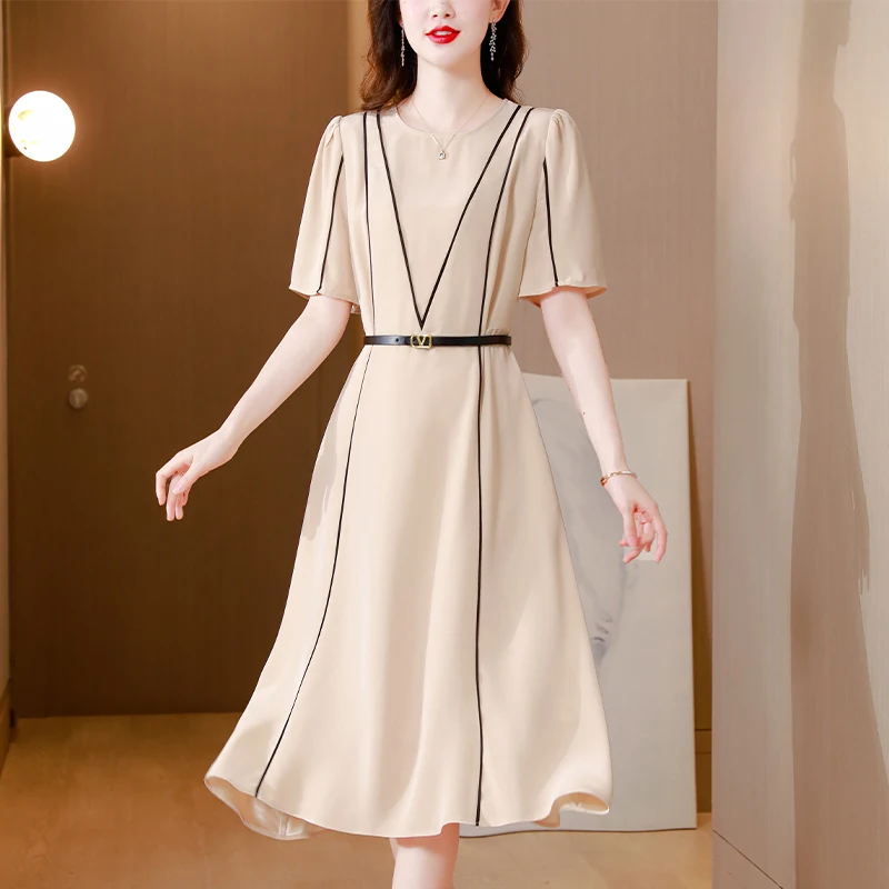

2023 New Fashion Solid Color Silk Dress Women's Summer Versatile Retro Loose Fit Casual Holiday Dress Vestidos