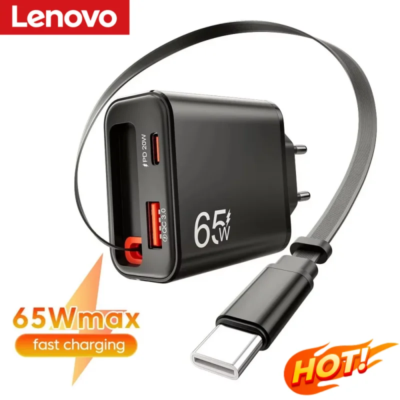 Lenovo 65W Super Fast Charge USB-C Phone Charger with Retractable Cable