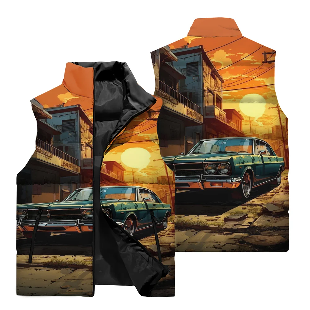 thumbnail image 1 of Chaleco cálido resistente al viento con cuello alto y cremallera con estampado de coche deportivo clásico en 3D para hombre, para viajes al aire libre en la calle, pelea de bolas de nieve, 1 of 5