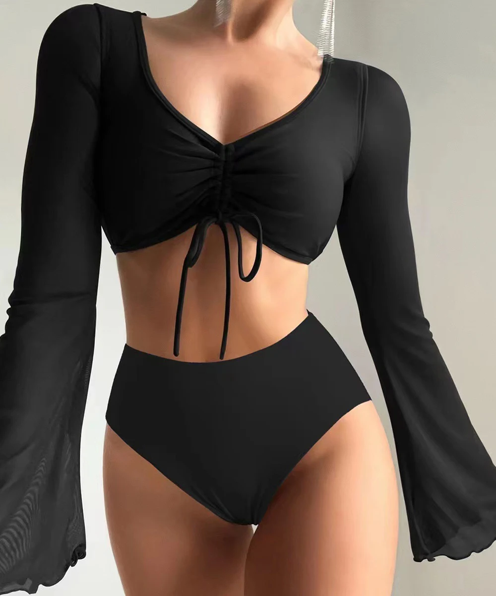 Drawstring Front Tops Bikinis 2023 Women High Waist Swimsuit Summer Long Sleeved Swimwear Female Bathers Swimming Suit Beachwear