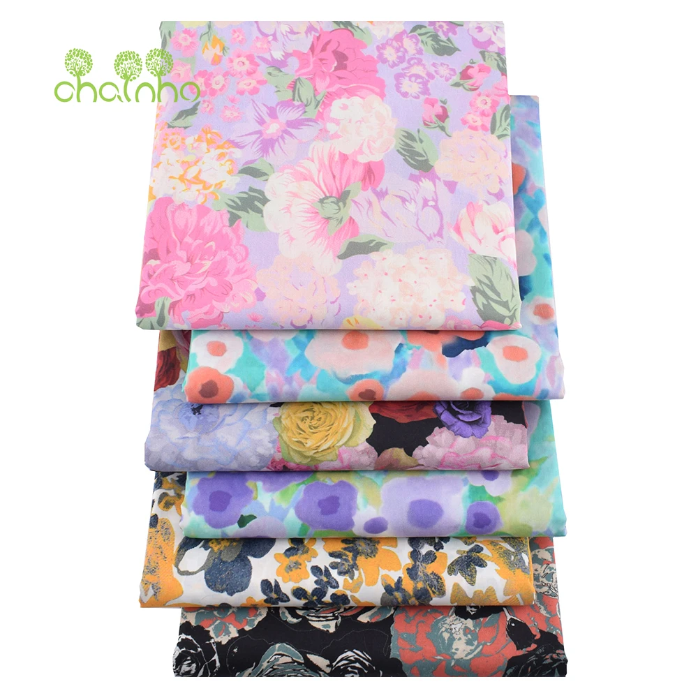 Chainho,Printed Plain Weave Poplin Cotton Fabric,DIY Quilting Sewing Material,Patchwork Cloth,Floral Series,3 Sizes,15PC146