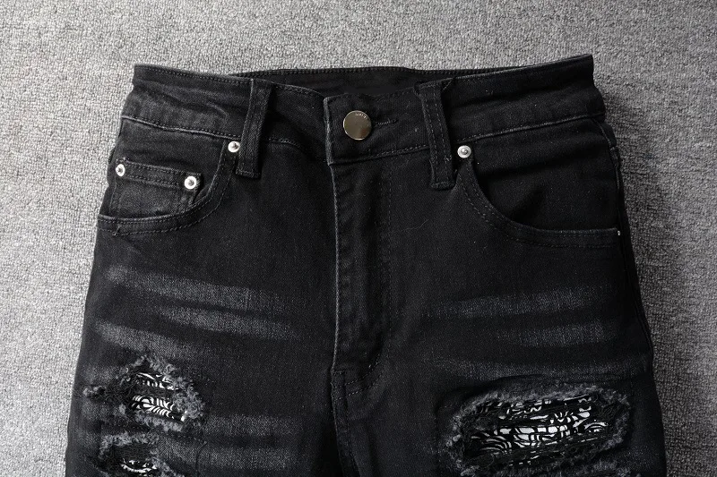 Black High Street Holes Transparent Crystals Patchwork Stretch Slim Fit Rhinestones Patches Distressed Ripped Jeans Men 4