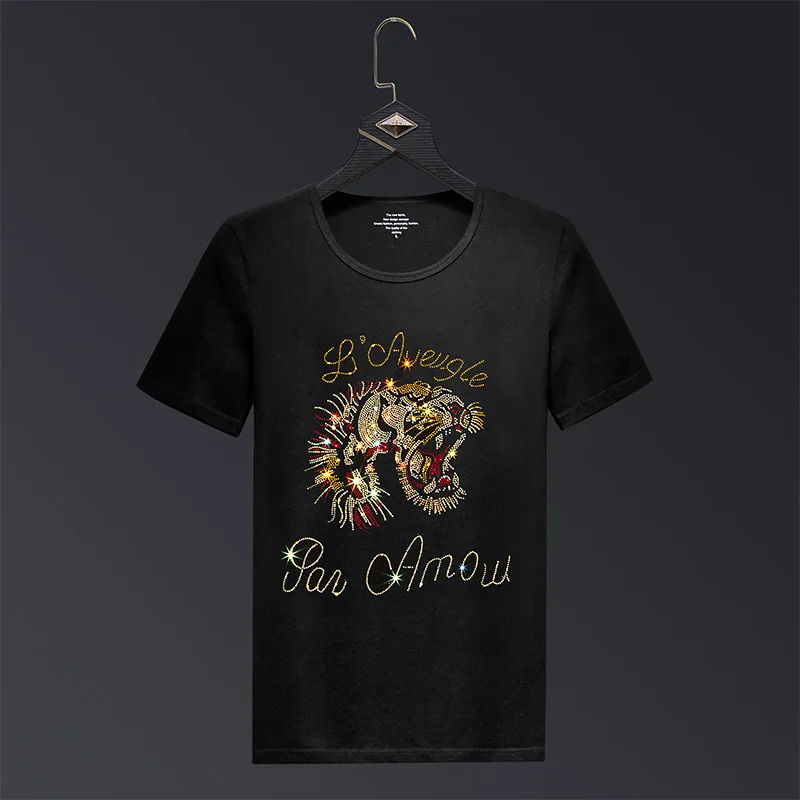 

Plus Size 2022 Short Sleeve T Shirt for Women Tiger Rhinestones Fashion Streetwear O Neck Slim Woman Casual Tshirt Chemise Femme