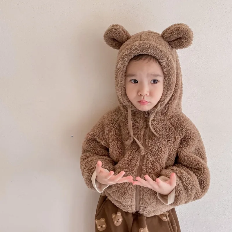 

2023 New Winter Kids cartoon berber Fleece coats Boys hooded parkas Girls zipper warm jackets