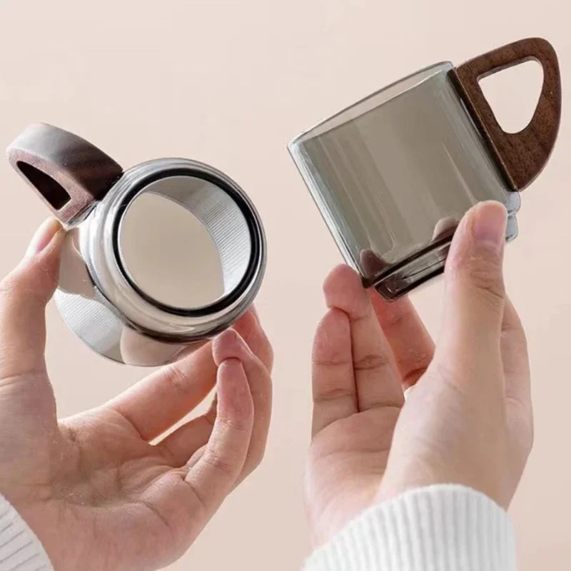 90ml Glass Small Tea Cup Tea Cup With Handle Walnut Wood Anti Scald Home Office Light Luxury High Grade Transparent Water Cup