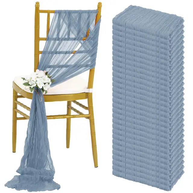 30PCS 30x275cm Dusty Blue Wedding Chair Sashes Decoration Gauze Cheesecloth Chair Bow Chair Cover for Reception Party