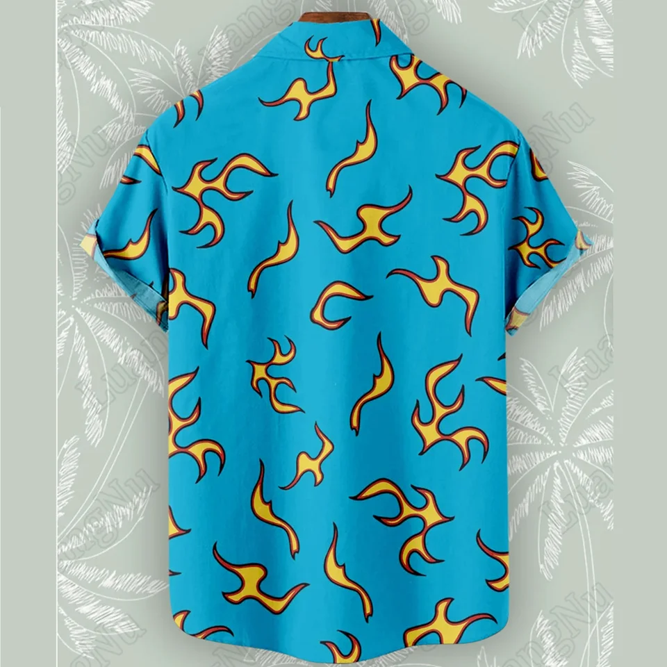 King Kameha Hawaiian Shirt - Men's Short Sleeve Flame Print Aloha Shirt, Blue, Size S