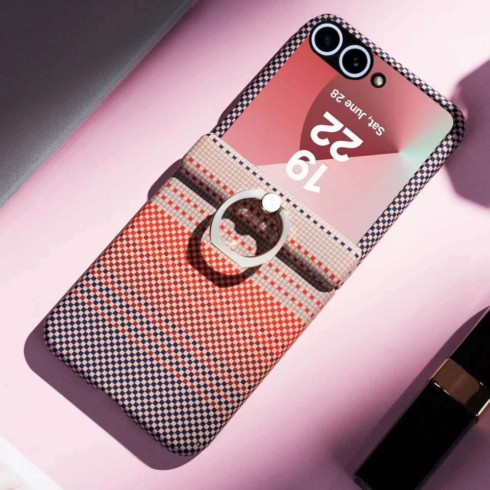 Enhanced Hinge Protection Screen Film Case with Ring Holder and Carbon Fiber Pattern
