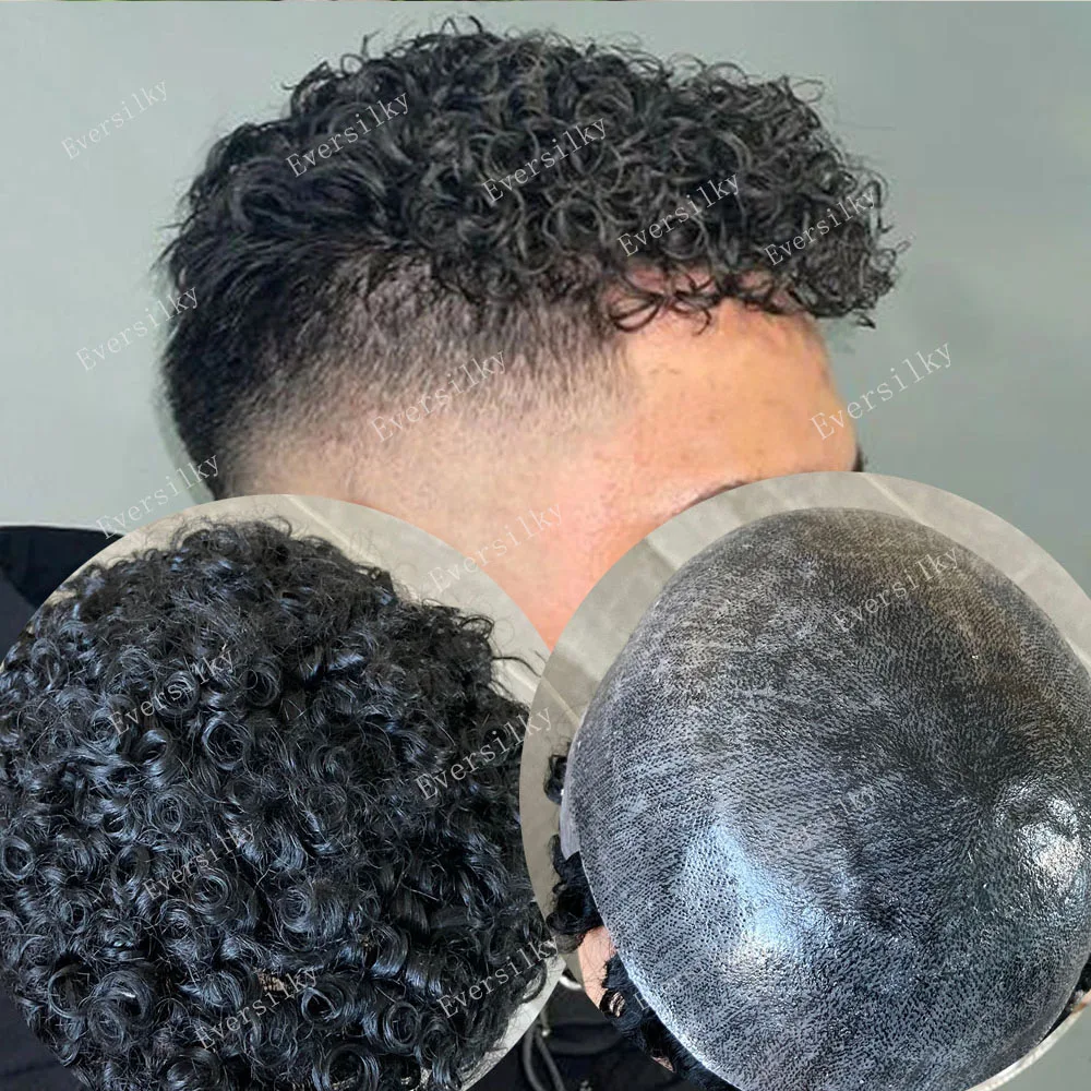 15mm Afro Curly Durable Invisible Transparent Skin Toupees African American Human Hair Wigs Mens Microskin Capillary Prosthesis