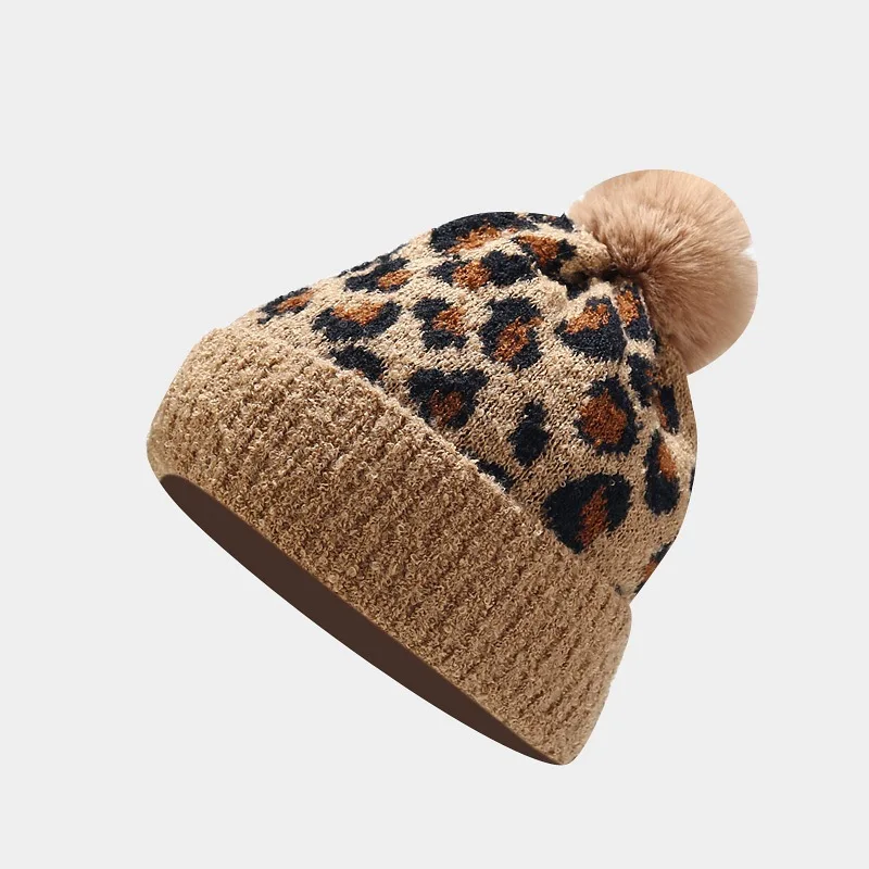 Knitted Hat Set Scarf Gloves Three Piece Set for Women Leopard Print Outdoor