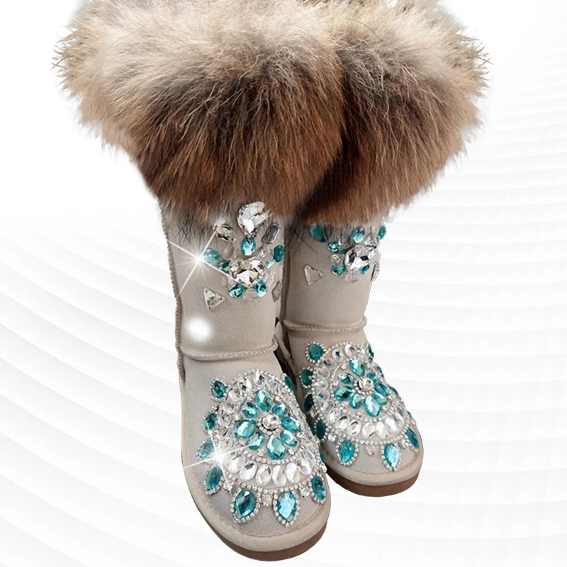 

Rhine-drill chain fox hair boots Handmade custom fur all-in-one boots Winter plus fleece warm boots women's large size 35-44