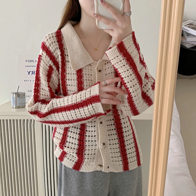 Autumn New Women's Striped Hollow Lapel Knitted Cardigan Sweater Elegant Casual Single-breasted Long-sleeved Top