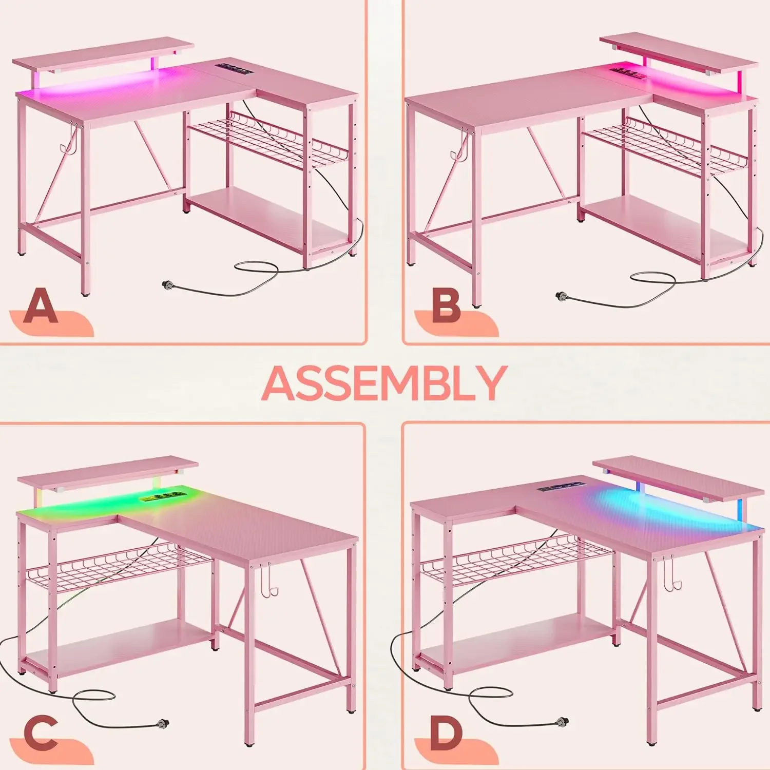 Desk with Power Outlets,42 LED Small Corner Computer Desk with Reversible Storage Shelves,L Shaped Desk with Hook 5