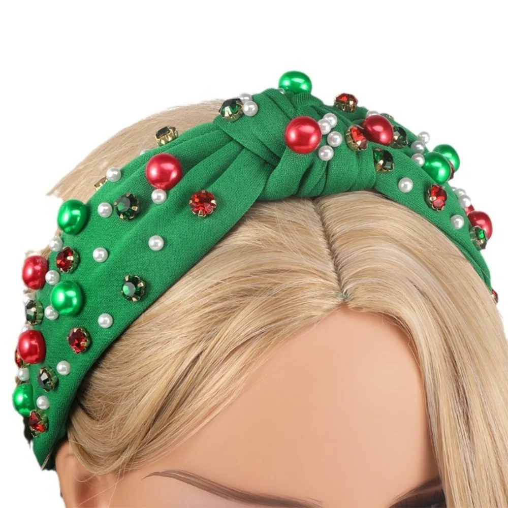 Wide Edge Christmas Hairband Fashion Headwear Rhinestone Knot Headband Red Green Hair Jewelry Crystal Beads Hair Band Holiday