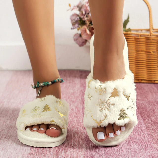 Family Christmas Plush Slippers Women's Christmas Trees Reindeer Snowflakes Open-toe Home Cotton Shoes Warm Household Slippers 2