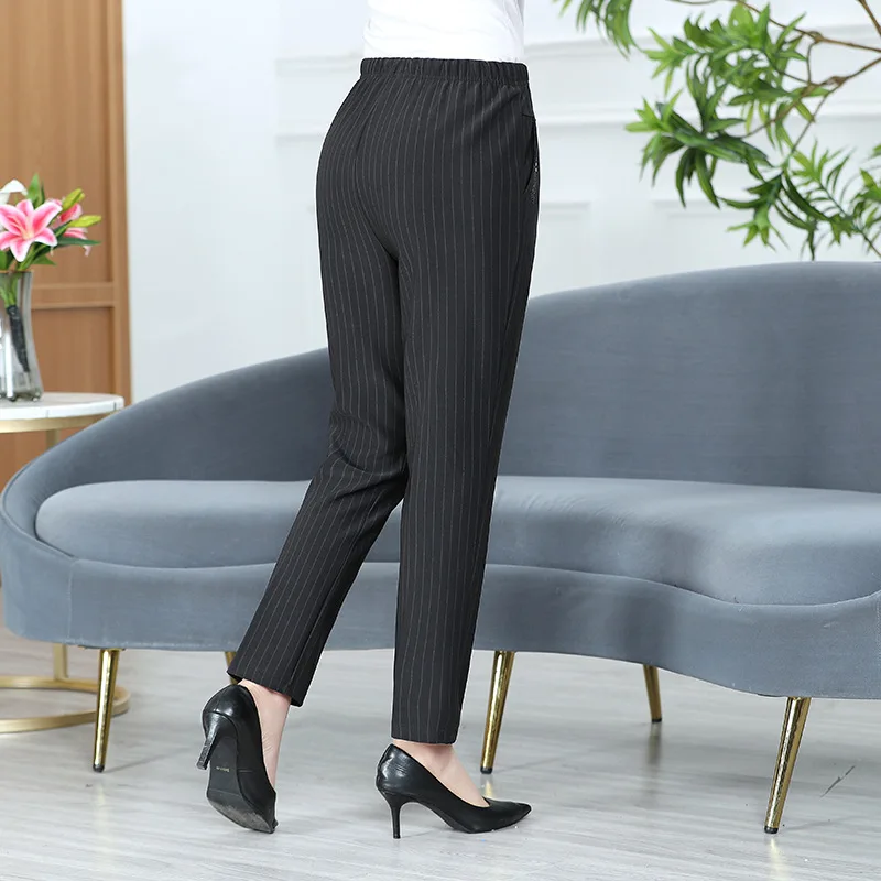 2023 Spring and Autumn Women's Solid Striped Pockets Rhinestone Elastic High Waist Fashion Casual Elegant Vacation Pants