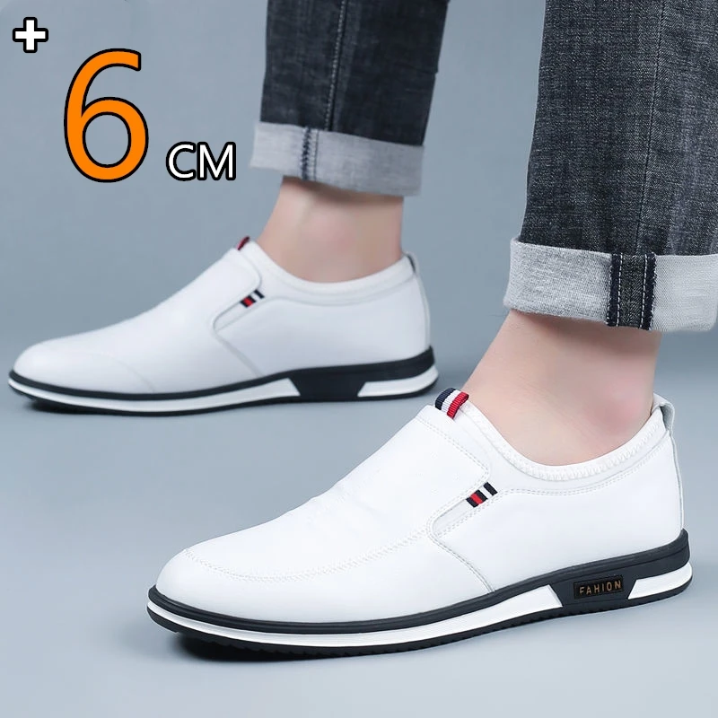 Men Hollow Breathable Cow Leather Casual Elevator Shoes Soft Comfortable Flat/6cm Hidden Heels Height Increase Sneakes Tall Shoe 5