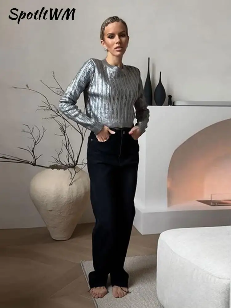 

Silver O Neck Sweaters For Women Causal Long Sleeve Bright Silk Slim Knit Pullover Autumn Elegant Office Lady Chic Loose Jumpers