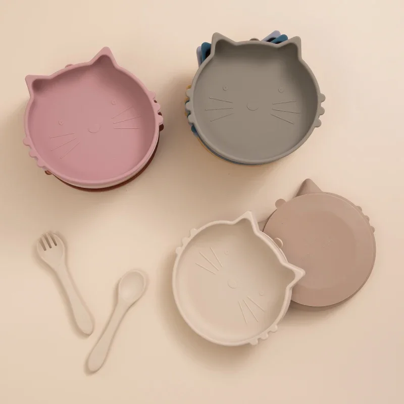 Baby Dishes Silicone Suction Plate Cute Cartoon Cat Children Food Tableware BPA Free Non-Slip Infant Food Feeding Bowl For Kids 5