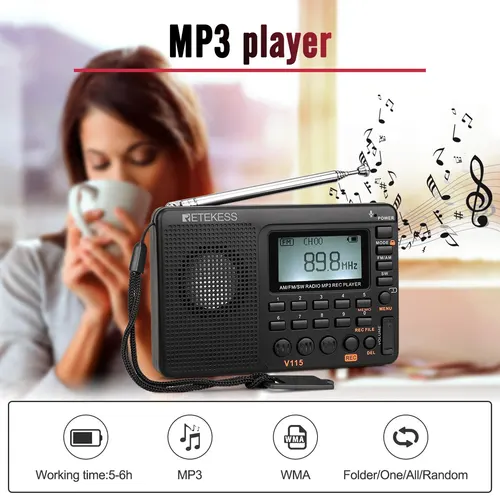 RETEKESS V115 라디오 FM AM SW 휴대용 라디오 AM FM 충전식 단파 라디오 배터리 풀 웨이브 USB 레코더 스피커 6