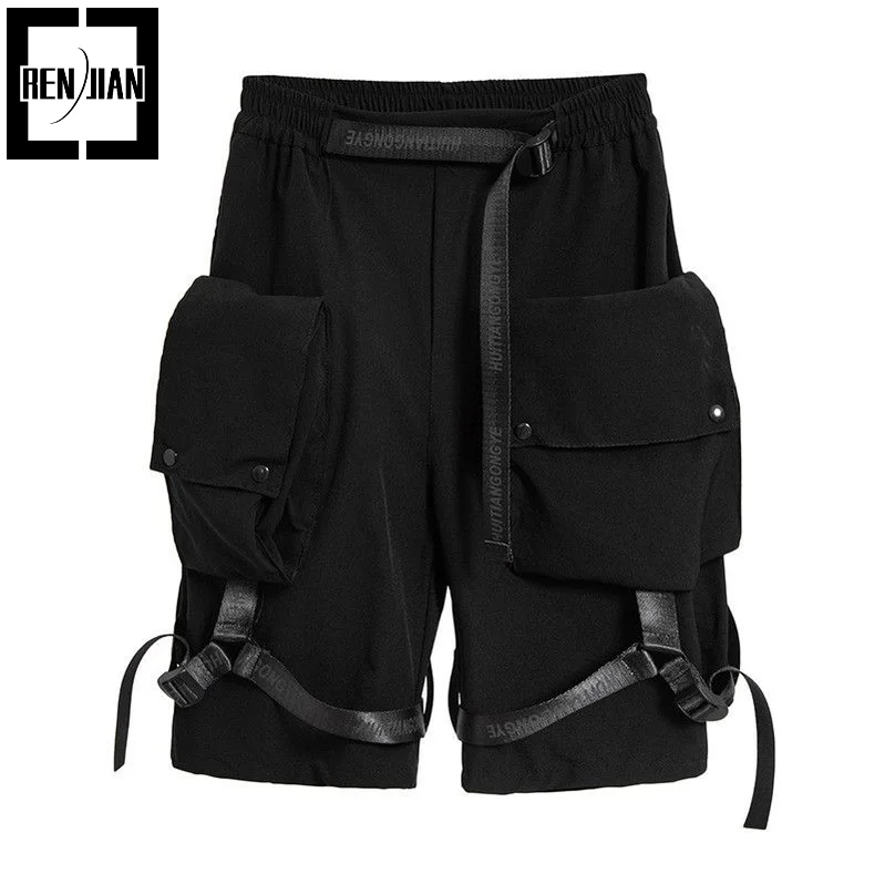 

Men's Fashion Techwear Cargo Shorts With Multi Pockets Hi Street Ribbons Hip Hop Harem Short Joggers Sweatpants Elastic Waist