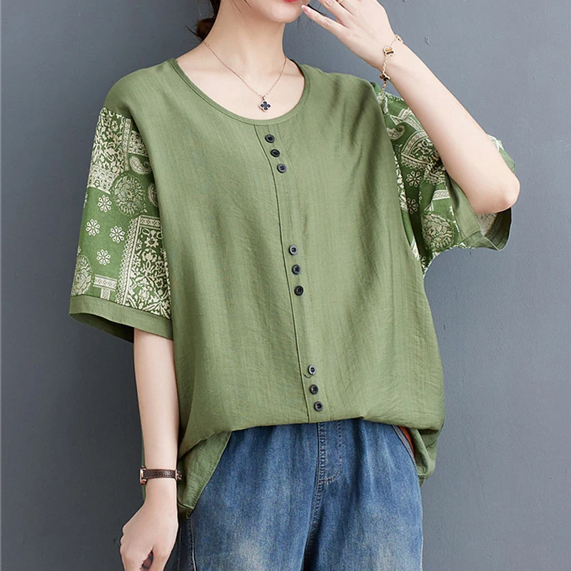 Women's Clothing Retro Print Simple Casual Oversized Cotton Linen Blouses Summer Trendy O Neck Short Sleeve Street Shirts Blusa