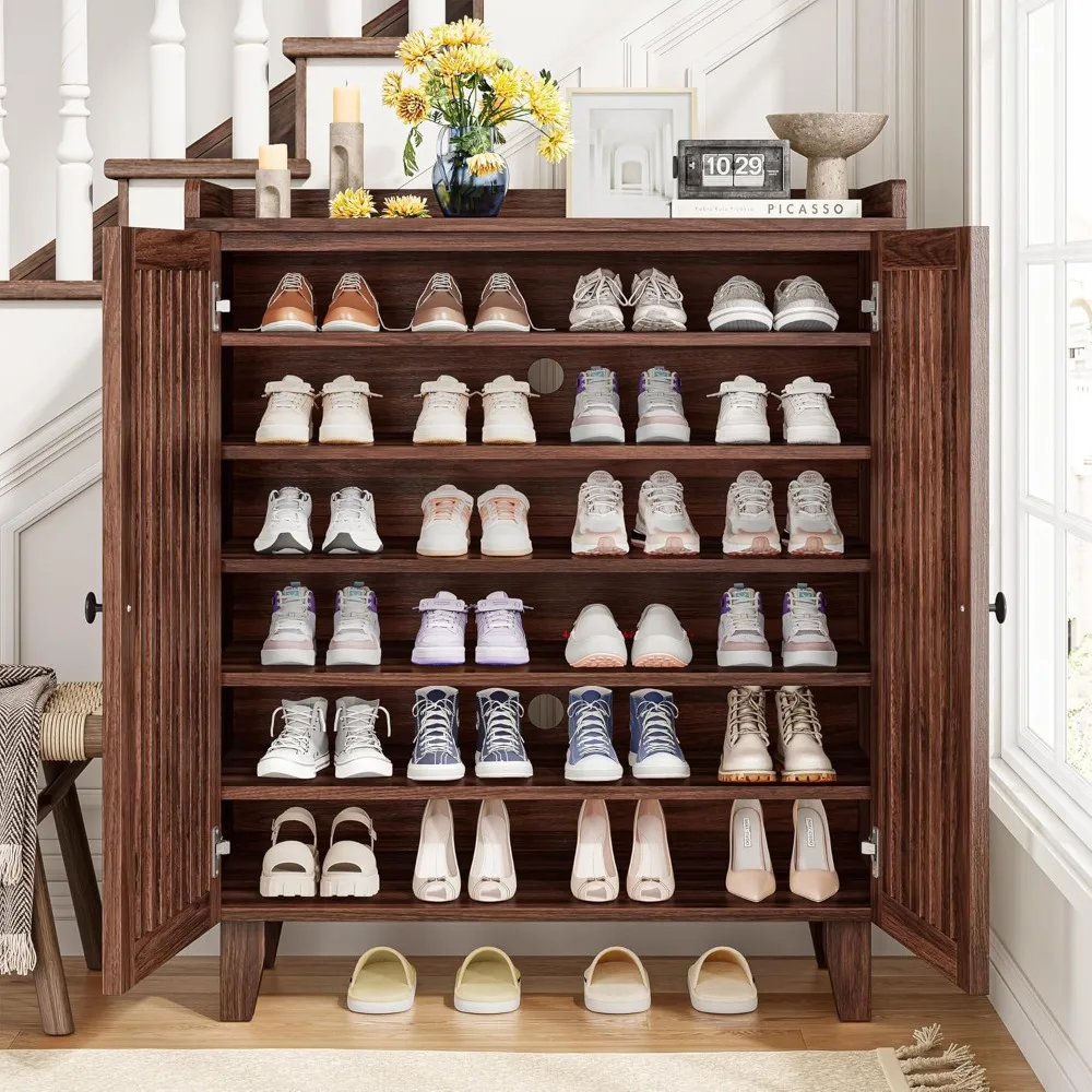 shoe cabinet with slatted doors, 6-tier shoe storage cabinet with adjustable shelves, wooden shoe rack organizer for entryway,