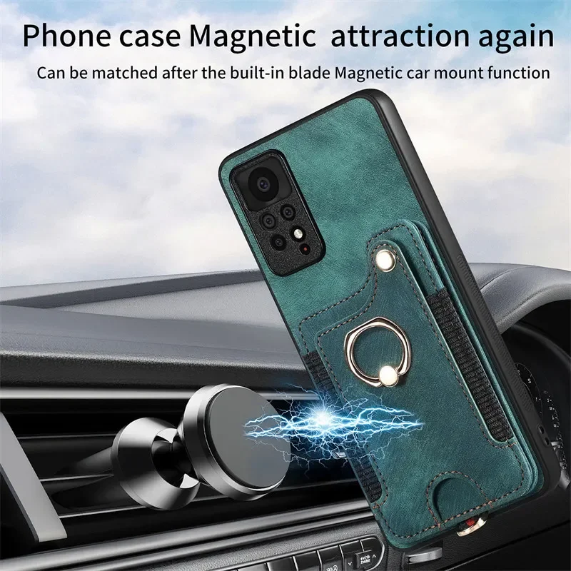 Leather Flip Phone Case with Ring Holder and RFID Wallet Card Strap Cover