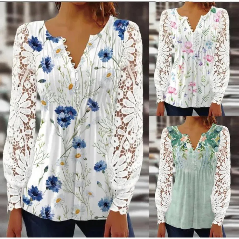 

Top Women 2023 Spring/summer New Fashion Hot Selling Women's Lace Fashion Lace Long Sleeve Shirt Tee