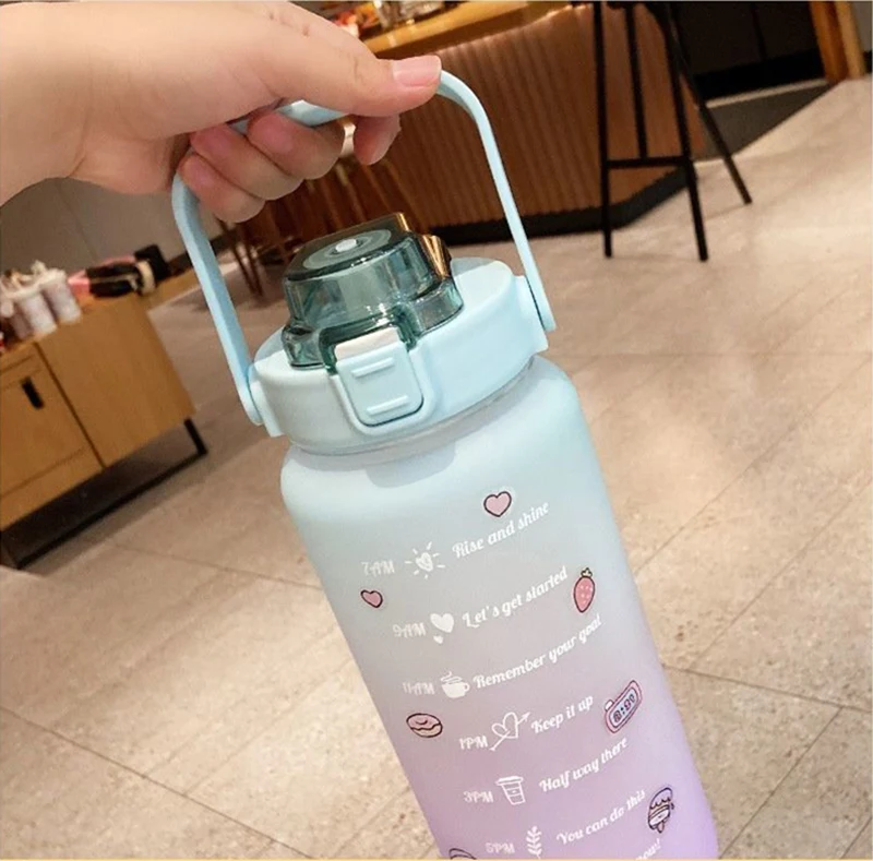 2L Water Bottle With Time Marker For Girl Fitness Jugs Large Capacity Portable Sports Gym Big Drink Bottle With Straw BPA Free