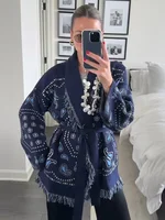 Tassels Patchwork Knitted Jacquard Cardigans Women Sweater Belts Long Sleeve V-neck Colorful Thicken Fashion Coat 2025 Autumn