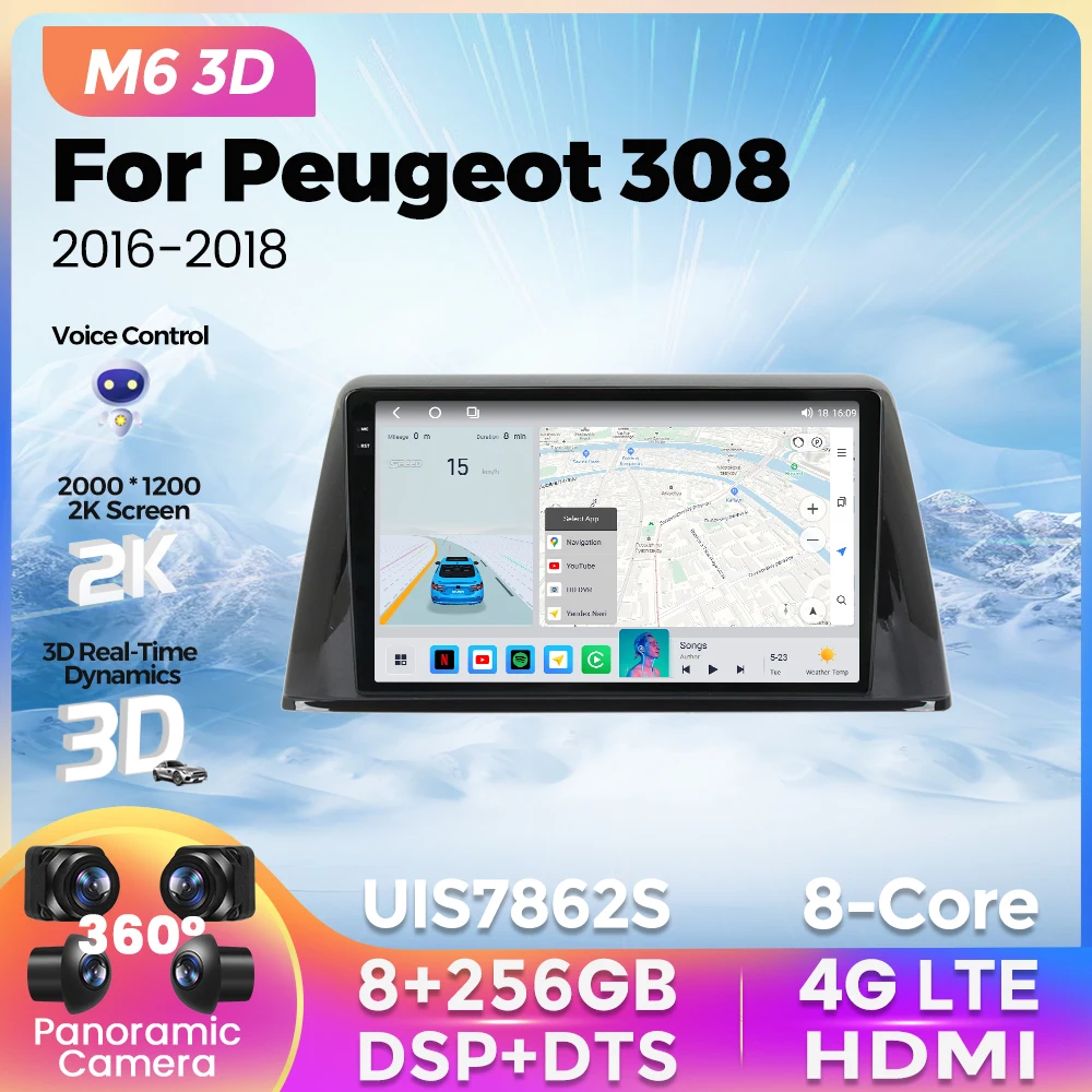 

Новинка 2K M6 Pro Plus 3D автомобильный радиоприемник для Peugeot 308 2016-2018 мультимедийный плеер GPS-навигация для беспроводного Carplay Android Авто RDS