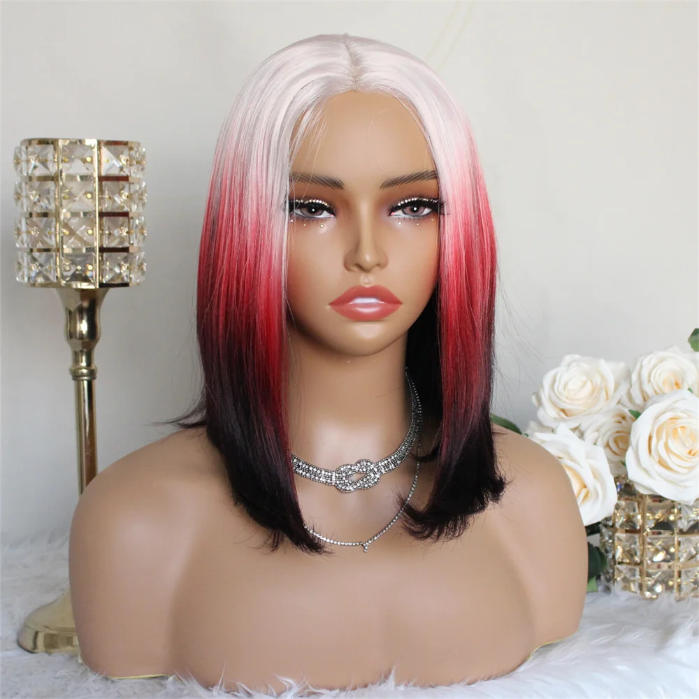 Ombre Pink Bob Wig Wear and Go Glueless Synthetic Lace Wig Pre Plucked Pre Cut for Beginner 14inch Ready to go Middle Part
