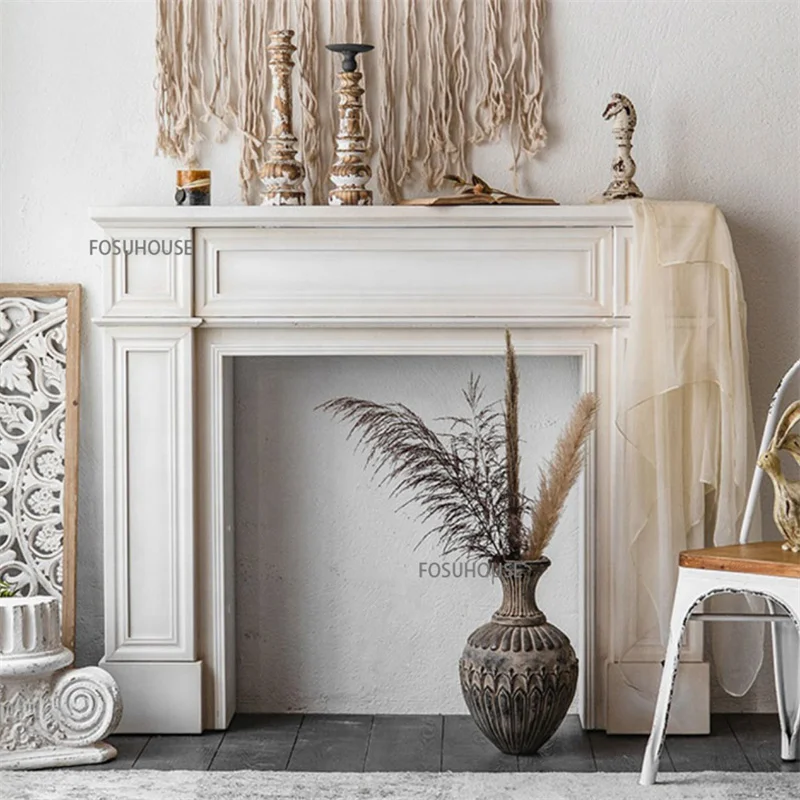 Nordic Solid Wood Fireplace Cabinets Retro Homestay Living Room Background Wall Decorative European Console Table Storage Shelf