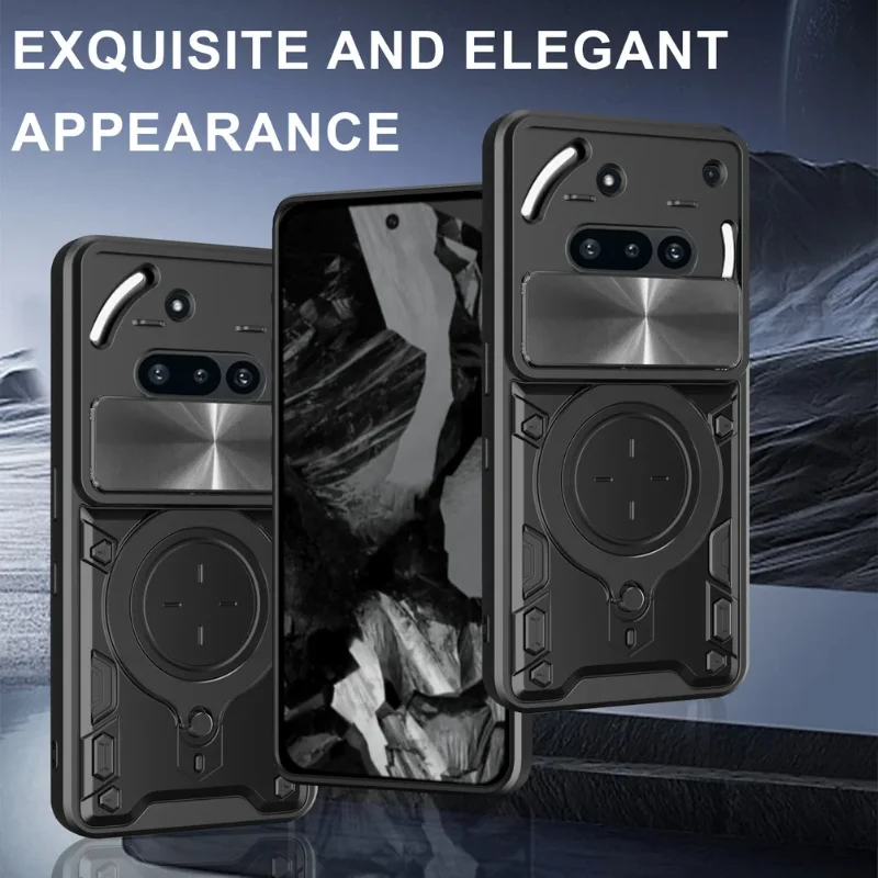 Sliding Lens Back Case with Magnetic Stand Holder - Durable Protective Hard Cover