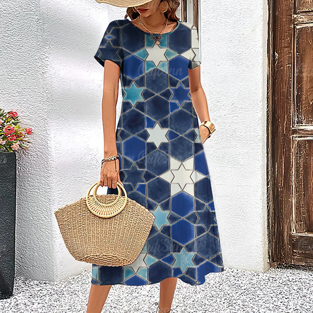 

Women's Dresses Summer Dresses Bohemian Islamic Print Short Sleeve Round Neck Tops Fashion Party Casual Loose Women's Dress Y2k