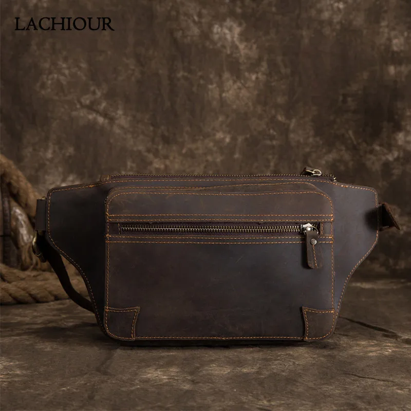 

High Quality Waist Bag Men Genuine Leather Waist Pack Vintage Leather Chest Bag Male Coffee Messenger Bag Men's Fanny Bag