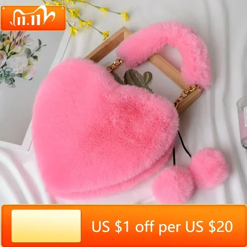 

Luxury Faux Fur Heart-shaped Women Small Handbags Fluffy Plush Ladies Chain Shoulder Bag Fashion Female Furry Daily Clutch Purse