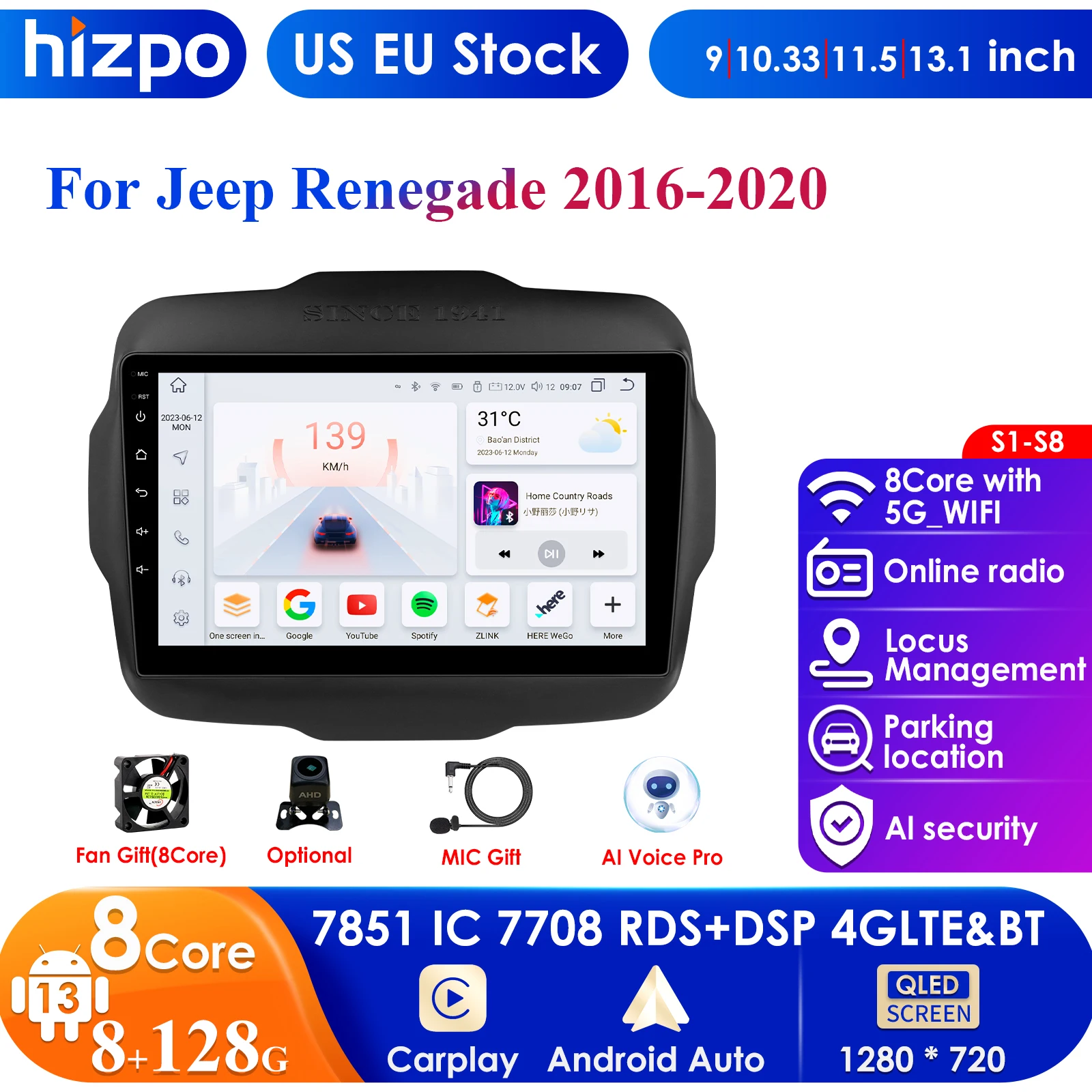 

2 Din Car Radio Android Auto CarPlay for Jeep Renegade 2016 2017 2018 2019 2020 Video Multimedia Player WIFI 2din Navigation GPS