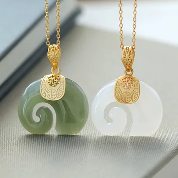Vintage White Hetian Jade Elephant Pendant 18K Gold Plated Chain Necklace Stainless Steel Sapphire